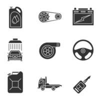 Auto workshop glyph icons set. Motor oil, sprocket wheel, automotive battery, car washing, turbocharger, rudder, petrol jerry can, tow truck, key. Silhouette symbols. Vector isolated illustration