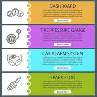 Auto workshop web banner templates set. Dashboard, tire pressure gauge, alarm system, spark plug. Website color menu items with linear icons. Vector headers design concepts