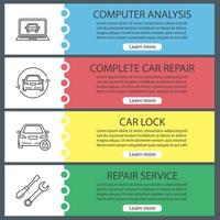 Auto workshop web banner templates set. Computer analysis, car repair, lock, spanner and screwdriver. Website color menu items with linear icons. Vector headers design concepts