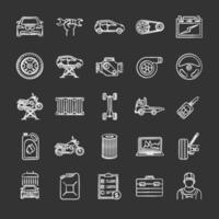 Auto workshop chalk icons set. Car service. Instruments, equipment and spare parts. Isolated vector chalkboard illustrations