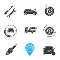 Auto workshop glyph icons set. Screwdriver and spanner, broken car, punctured tire, assistance, tow truck, wheel changing, spark plug, gps, total check. Silhouette symbol. Vector isolated illustration