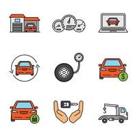 Auto workshop color icons set. Garage, dashboard, computer diagnostics, car with circle arrow, pressure gauge, auto buying, locked automobile, key in hands, tow truck. Isolated vector illustrations
