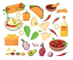 Mexican food set - tacos, burrito, tortilla, soup, cactus, chips. Vector cartoon illustration