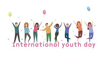 Joyful girls and guys of different nationalities celebrate International Youth Day with balloons and candy. Friendly company. And Vector cartoon illustration.