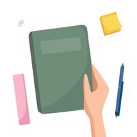 Notepad in hand. Keeping a diary, wish list. Cartoon vector illustration.