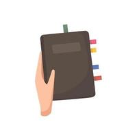 Notepad in hand with nested bookmarks. Keeping a diary, wish list. Cartoon vector illustration