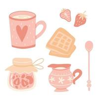 Tea time cozy kit. Tea mug, jam, milk. Vector set.