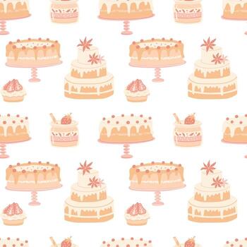 Repeating pattern with wedding cake and sweets. Vector seamless pattern.