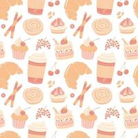 Seamless pattern with sweet desserts. Vector coffee design.