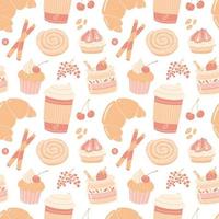 Seamless pattern with sweet desserts. Vector coffee design.