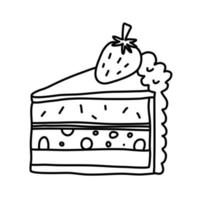 Piece of cake with strawberry. Vector doodle drawing.