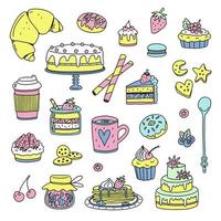 Desserts pastry set. Vector cartoon doodle kit.