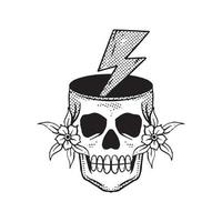 black white lightning flower skull doodle illustration for sticker tattoo poster t-shirt design etc vector