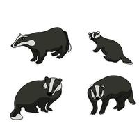 Set of badgers in cartoon style, predatory animals with fluffy wool vector