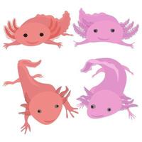 Axolotl set of cute animals of gentle pink color, floating amphibian larvae vector