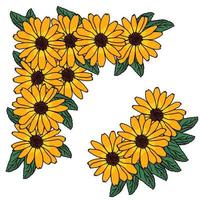 Decorative corner of yellow-orange flowers and small green leaves, cosmos border for decor invitations, cards, etc. vector