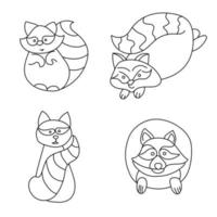 raccoon animal set doodle outline, funny pets in various poses vector