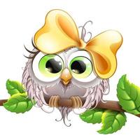 Cute fluffy funny cartoon Owl girl sitting on tree branch with leaves with yellow bow. Isolated vector
