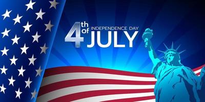 4th of July happy Independence Day USA waving flag background and statue of liberty. vector illustration