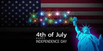 4 de julio feliz día de la independencia fuegos artificiales usa fondo y estatua de la libertad. ilustración vectorial