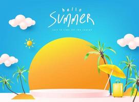 Summer sale banner template for promotion with product display cylindrical shape and beach background vector