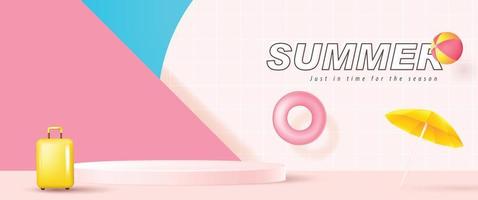 Summer sale banner template for promotion with product display cylindrical shape and  pool party background vector