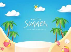 Summer sale poster banner template for promotion with product display cylindrical shape and beach background vector
