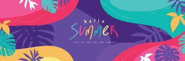 Summer poster banner background with abstract ripple and tropical leaf vector