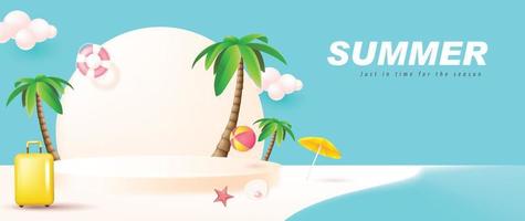 Summer poster banner template for promotion with product display cylindrical shape and beach background vector