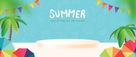 Summer poster banner template for promotion with product display cylindrical shape and beach background vector