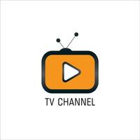 plantilla de diseño de logotipo de canal de televisión en línea, icono de televisión, botón de reproducción blanco, transmisión en vivo, compañía de entretenimiento, antena, naranja amarillo, negro vector