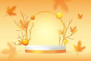 Orange stand podium with blurred leaves on background. Glowing stage with branch and leaf for sale banner. Autumn product display presentation vector