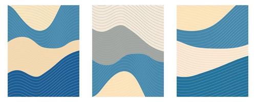 fluida ola oceánica japonesa vintage en azul y beige. conjunto de diseños de vectores de carteles con elementos de línea.