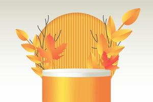 Orange cylinder pedestal with branch and leaf. Autumn geometric platform for product display or cosmetic presentation vector