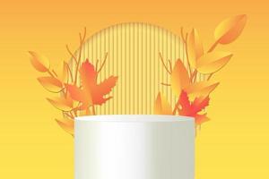 Round display podium mockup on orange background. White geometric rendering platform with branch of autumn leaves. Fall composition on a stage