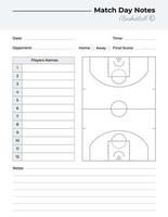 Matchday notes log with basketball field diagram vector