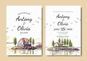 Wedding invitation of nature landscape with house and dock view watercolor vector