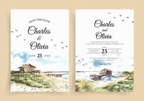 Wedding invitation of nature landscape with house and beach view watercolor vector