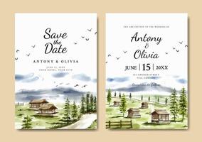 Watercolor wedding invitation set of green nature landscape with house and road vector