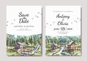 Watercolor wedding invitation of green nature landscape with house and river vector