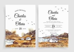 Watercolor wedding invitation set of nature landscape with house and lake vector