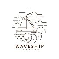 Sailing ship and waves illustration monoline or line art style vector