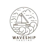 Sailing ship and waves illustration monoline or line art style vector