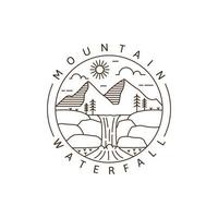 Mountain and waterfall outdoor monoline or line art style vector illustration