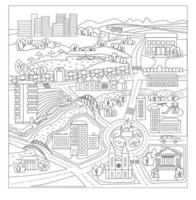 Coloring book page. Cartoon road, houses and bridge over the river.City landscape. Outline house, architecture. Vector lineart illustration for coloring book