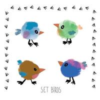 Set of handpainted watercolor vector fun birds.Design element for children plays, spring congratulation card. Perfect elements for save the date card. Unique artwork for your design.