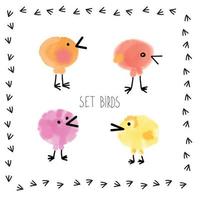 Set of handpainted watercolor vector fun birds.Design element for children plays, spring congratulation card. Perfect elements for save the date card. Unique artwork for your design.