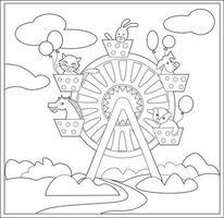 Ferris wheel in the children s park. funny animals have fun on the ferris wheel. For anti-stress books. - Vector graphics