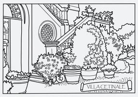 corner of the Italian park, plants flowers in the garden, coloring book . Vector art line background.