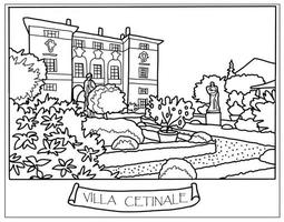 corner of the Italian park, plants flowers in the garden, coloring book . Vector art line background.